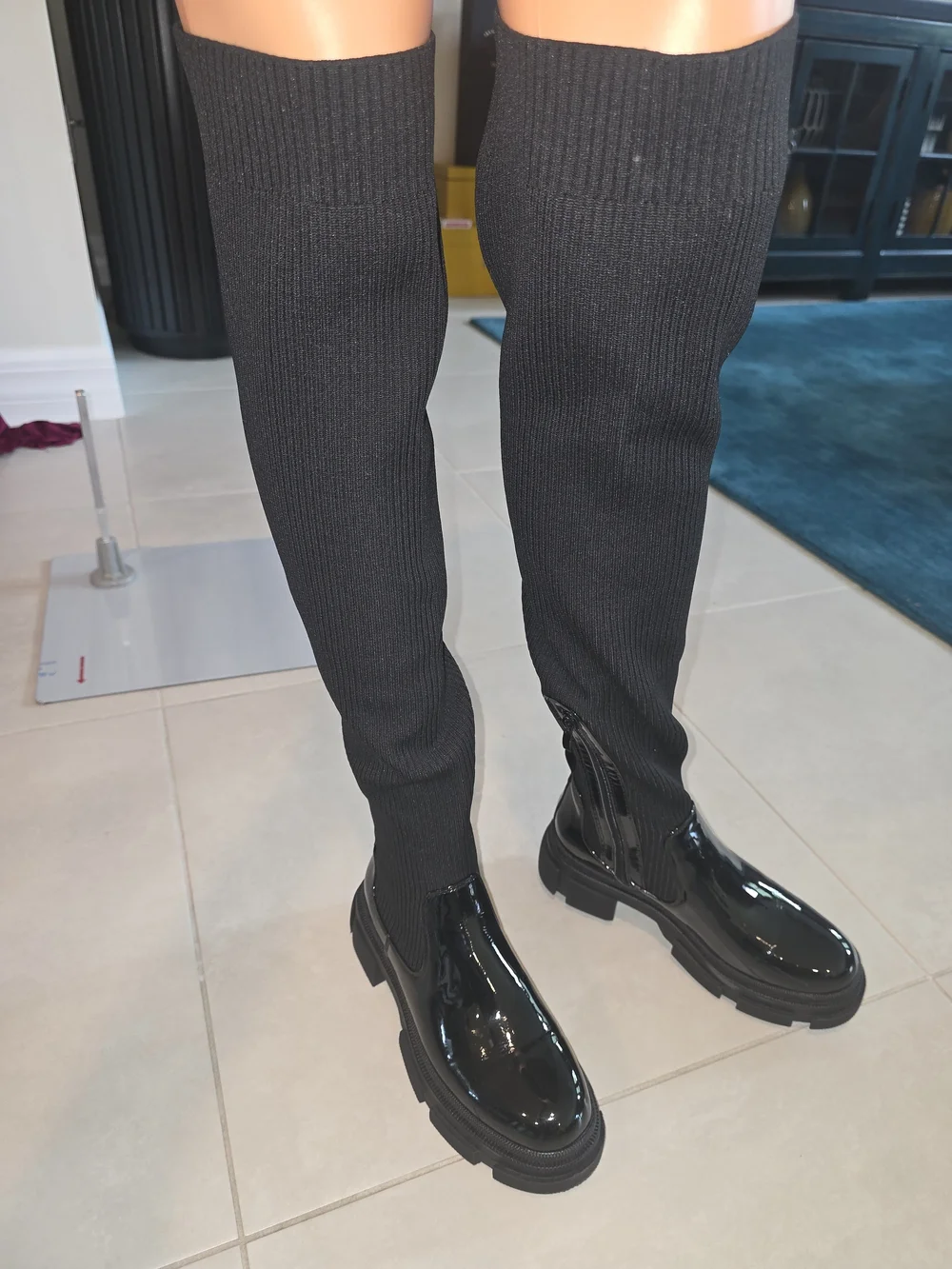 Black Over-the-Knee Ribbed Sock Boots